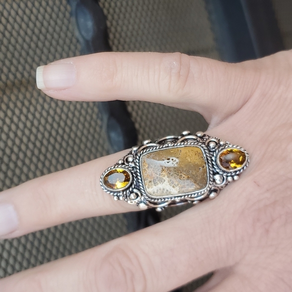 New Oversized Fossil Coral & Citrine 925 Silver Statement Ring. - Picture 8 of 13
